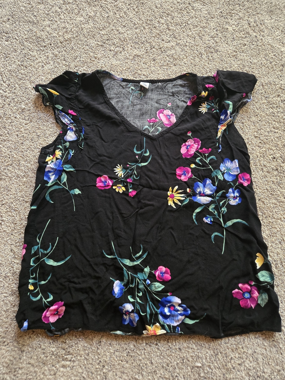 Old Navy Black Floral V-Neck Camisole with Multicolor Blooms